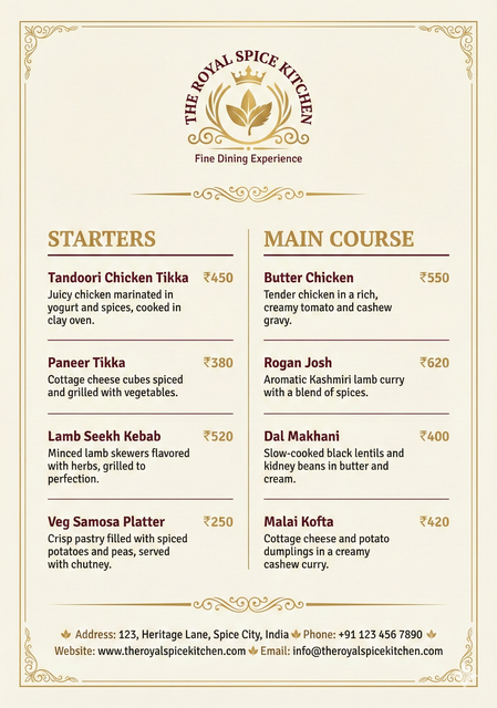 The Royal Spice Kitchen - Premium Menu Design